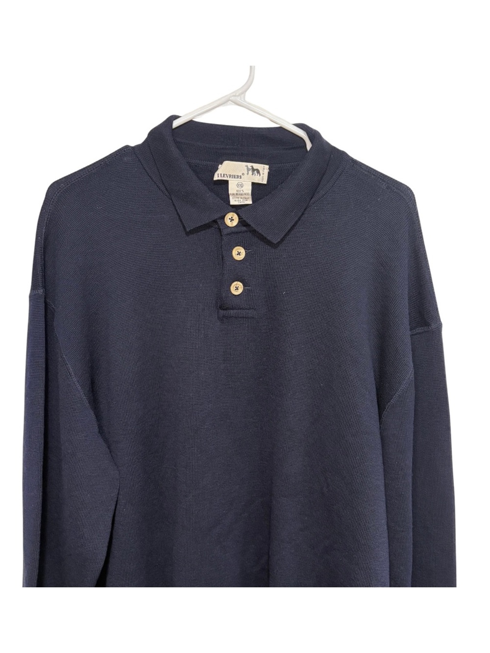 I Levrieri Pure Virgin Merino Wool Polo Sweater. Navy Blue. Made in Italy. Large